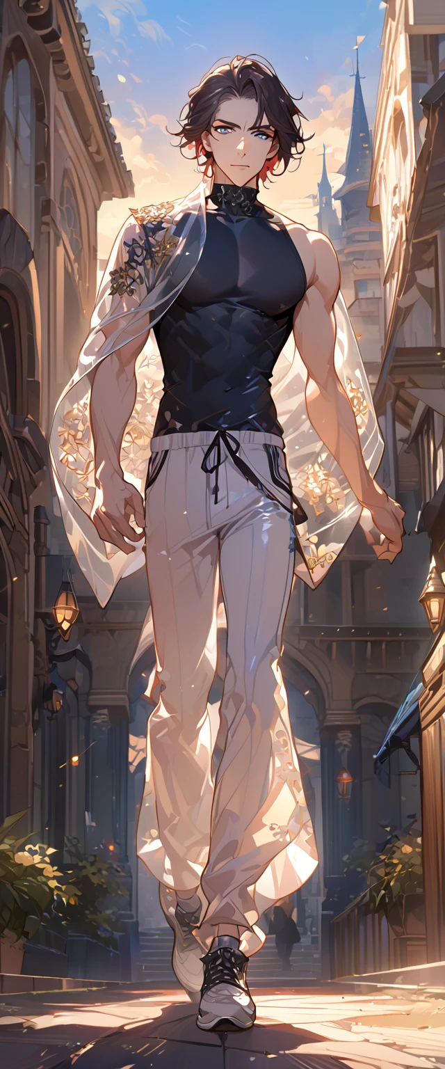 masterpiece, best quality, 8k ,4k ,solo, male, short dark blue reddish hair, black sleeveless turtle neck shirt, transparent robe hanging by the shoulder, transparent embroidery robes, white jogger pants, Walking, Manly pose, muscle arms, Armband, bangs, blue reddish eyes, pale skin, sharp look, Sharp eyes, Morning walk, Castle Hall Background, high quality, extremely detailed, finely detailed eyes and detailed face, slender body, inspired by Asukaziye artist : ask, art style : ask