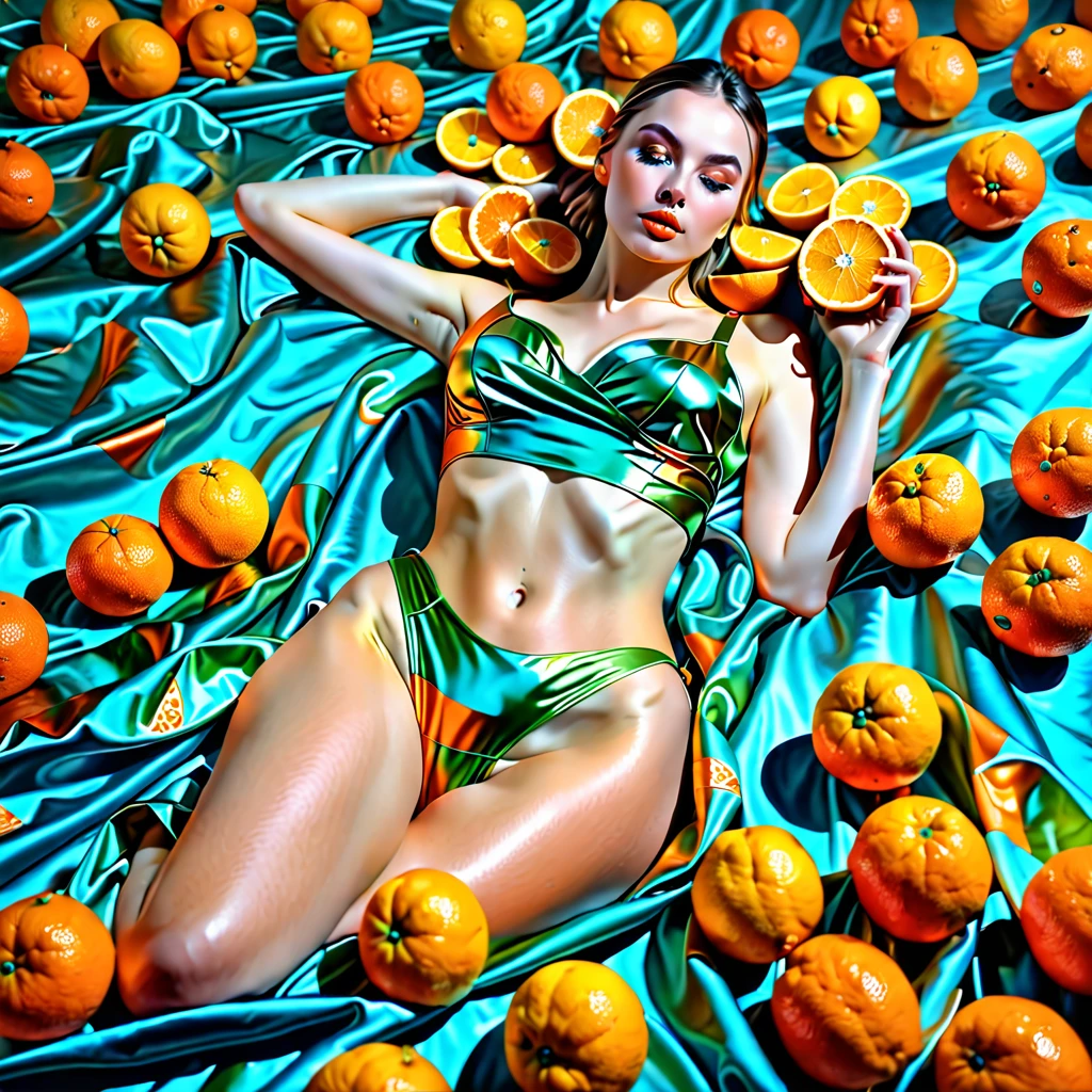 there is a woman that is laying down with oranges, digital art by Alexander Kucharsky, trending on Artstation, digital art, beautiful digital artwork, realistic digital art 4k, realistic digital art 4 k, hyperrealistic digital painting, 8 k realistic digital art, hyperrealism. fantasy 4k, hyperrealistic fantasy art, photorrealistic concept art
