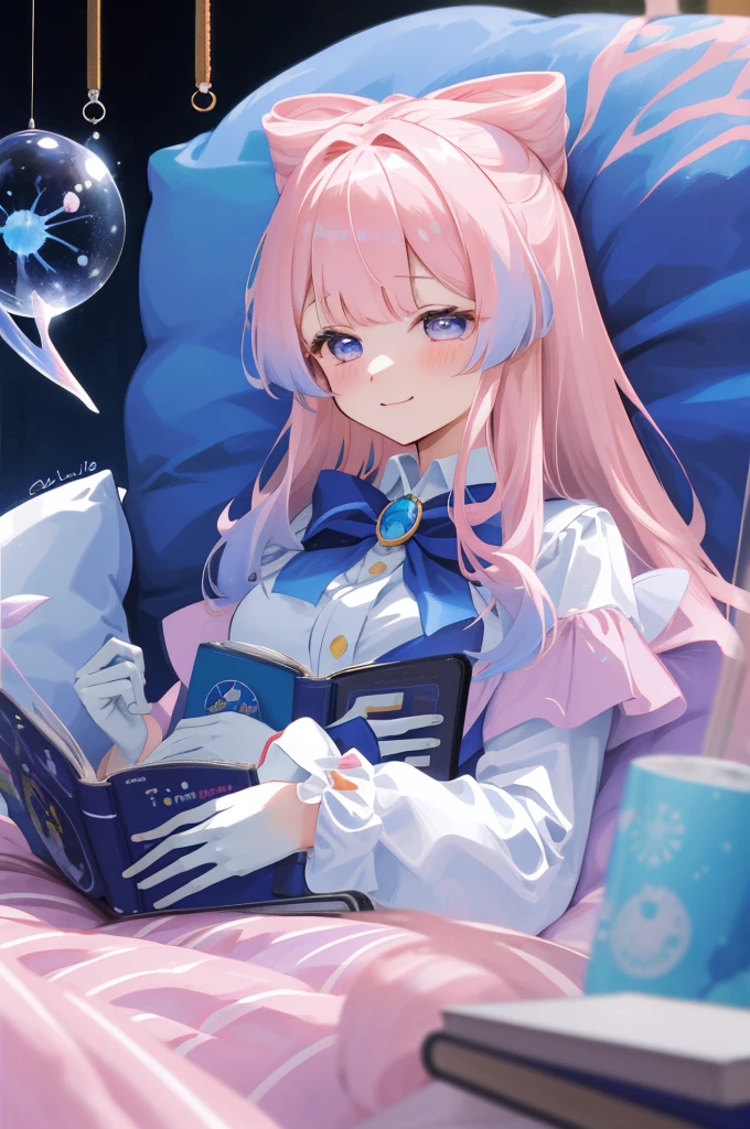 masterpiece,best quality,artbook,colorful,comic,strong rim light,one_girl, adorable girll,angel_face,bishoujo,lying,pillow_hug,lap pillow,half-closed eyes,light smile,long hair,pink hair, half white gloves,bowtie,underwater,fish,bubble,coral,notebook, reel \(riru\),