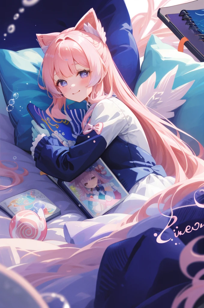 masterpiece,best quality,artbook,colorful,comic,strong rim light,one_girl, adorable girll,angel_face,bishoujo,lying,pillow_hug,lap pillow,half-closed eyes,light smile,long hair,pink hair, half white gloves,bowtie,underwater,fish,bubble,coral,notebook, reel \(riru\),