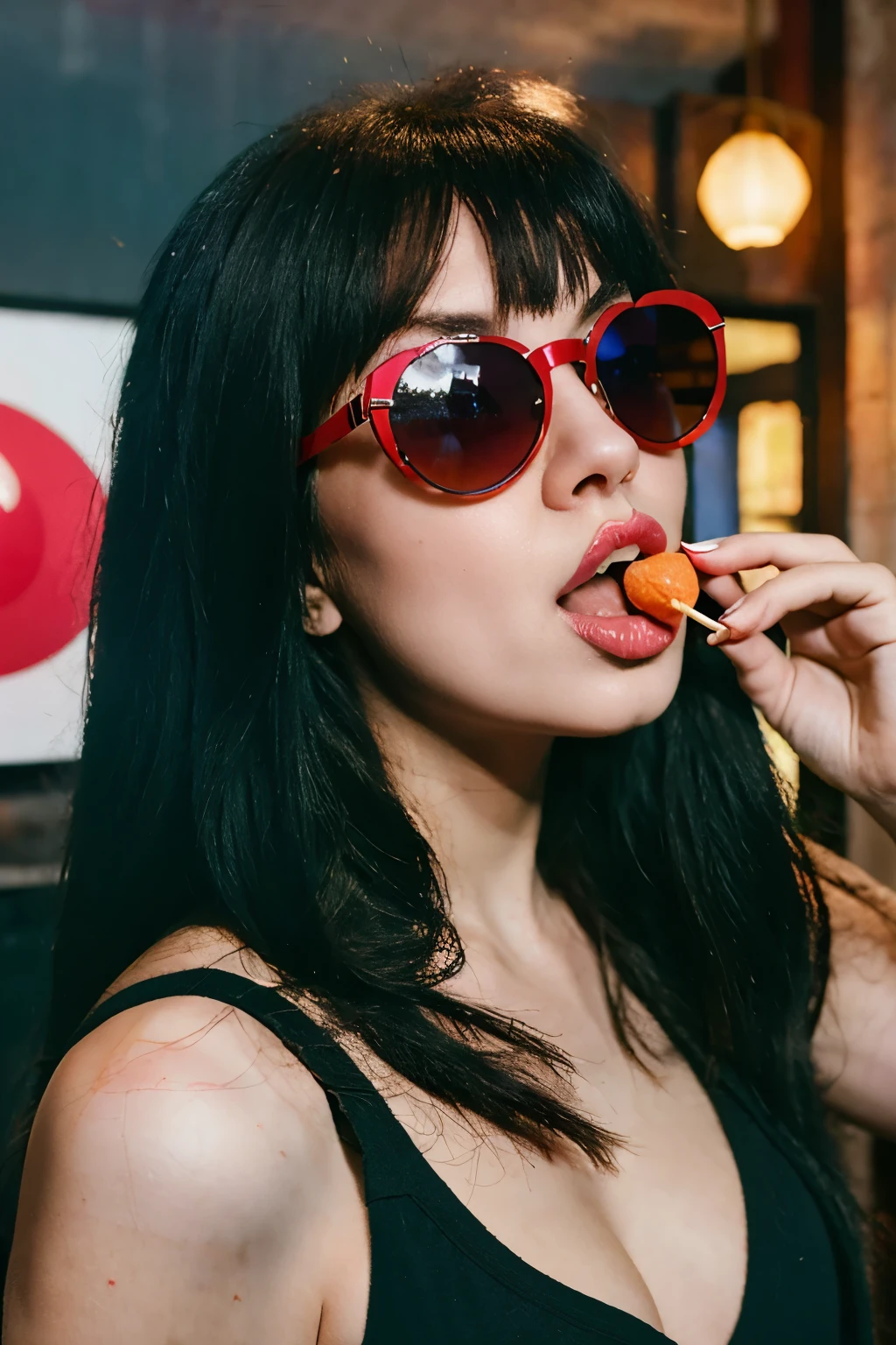 (masterpiece, best quality:1.2), 1girl, solo, high quality raw photograph of a young goth girl, licking a red lollipop, Dynamic pose, hot Body, vibrant neon colors, cool sunglasses, silhouette, looking at viewer, lofi, UHD, accurate, textured skin, super detail, high details, high quality, highres, 1080P, 4K