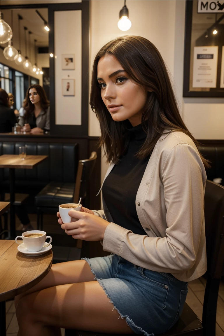 mannequins Instagram, sitting in a cafe&#39;exterior in Amsterdam, tout le buste, beaux yeux detaileds, lèvres magnifiquement detailedes, yeux et visage extrêmement detaileds, court, belle rose Hair ((best quality)), ((head of&#39;artwork)), (detailed), realistic face, regarde sur le côté ou de face