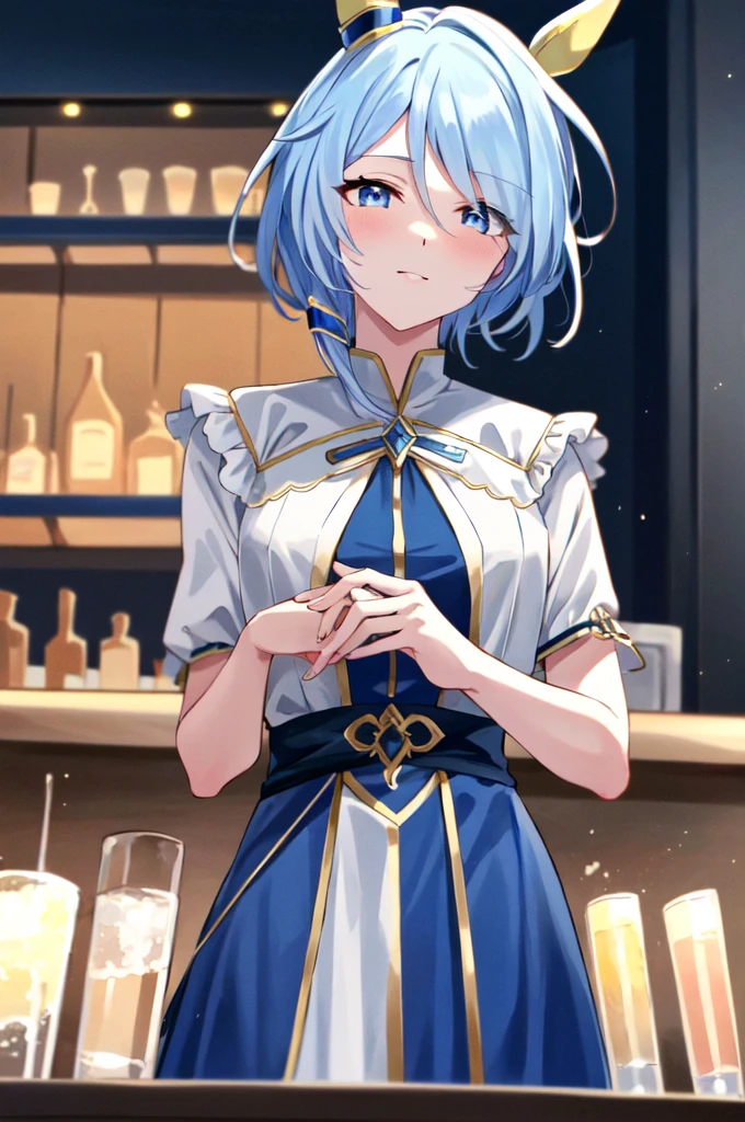 (masterpiece), highly detailed, best quality, (high resolution), 8k, 1girl, solo, k.s.miracle, umamusume, short hair, blue hair, horse ears, horse girl, horse tail, blue eyes, cinematic angle, looking at viewer, blue dress, party dress, indoor, bar, gentle smile, eyes visible through hair, hair over left eye
