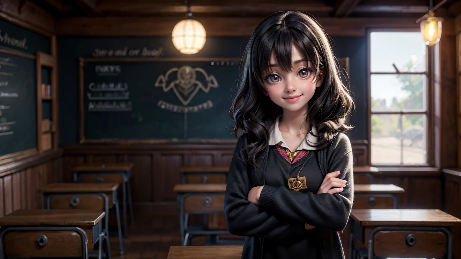 cute smiley bright face girl, bright lighting face, black hair, side standing pose in harry potter classroom,