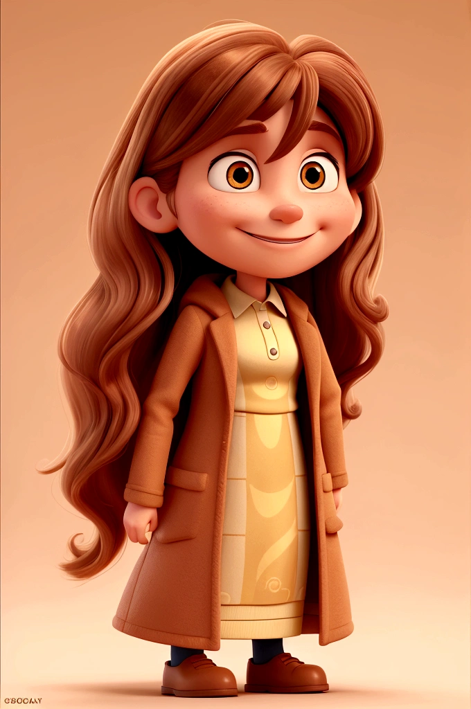 high qualiy, 3d, transform into a PIXAR character, increase cartoonization. long brown hair with honey highlights. thin face, lift square, wearing doctor&#39;s coat, with arms crossed, Grinning. Caucasian female