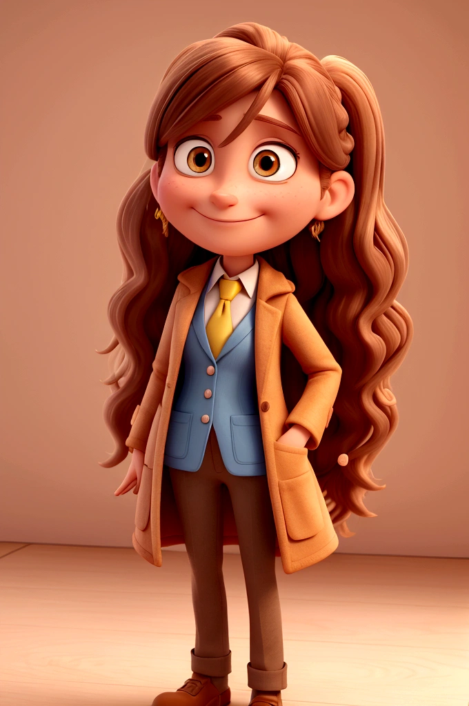 high qualiy, 3d, transform into a PIXAR character, increase cartoonization. long brown hair with honey highlights. thin face, lift square, wearing doctor's coat, with arms crossed, Grinning. Caucasian female