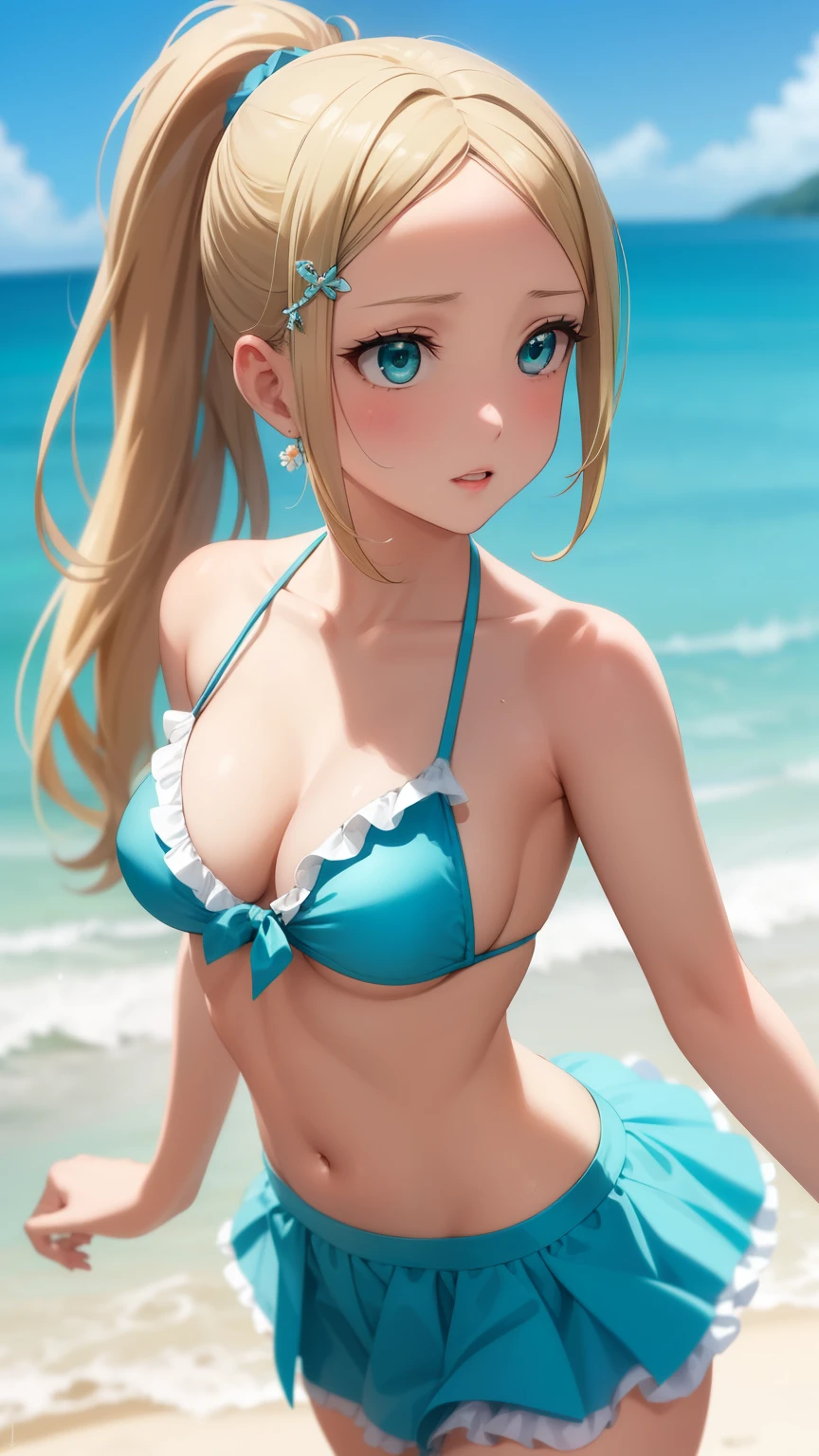 masterpiece, best quality, highly detailed, ultra high res, ayase arisa, 1girl, solo, hair ornament, long blonde hair, glossy lips, medium breasts, aqua eyes, ponytail, beach, frilly bikini with microskirt