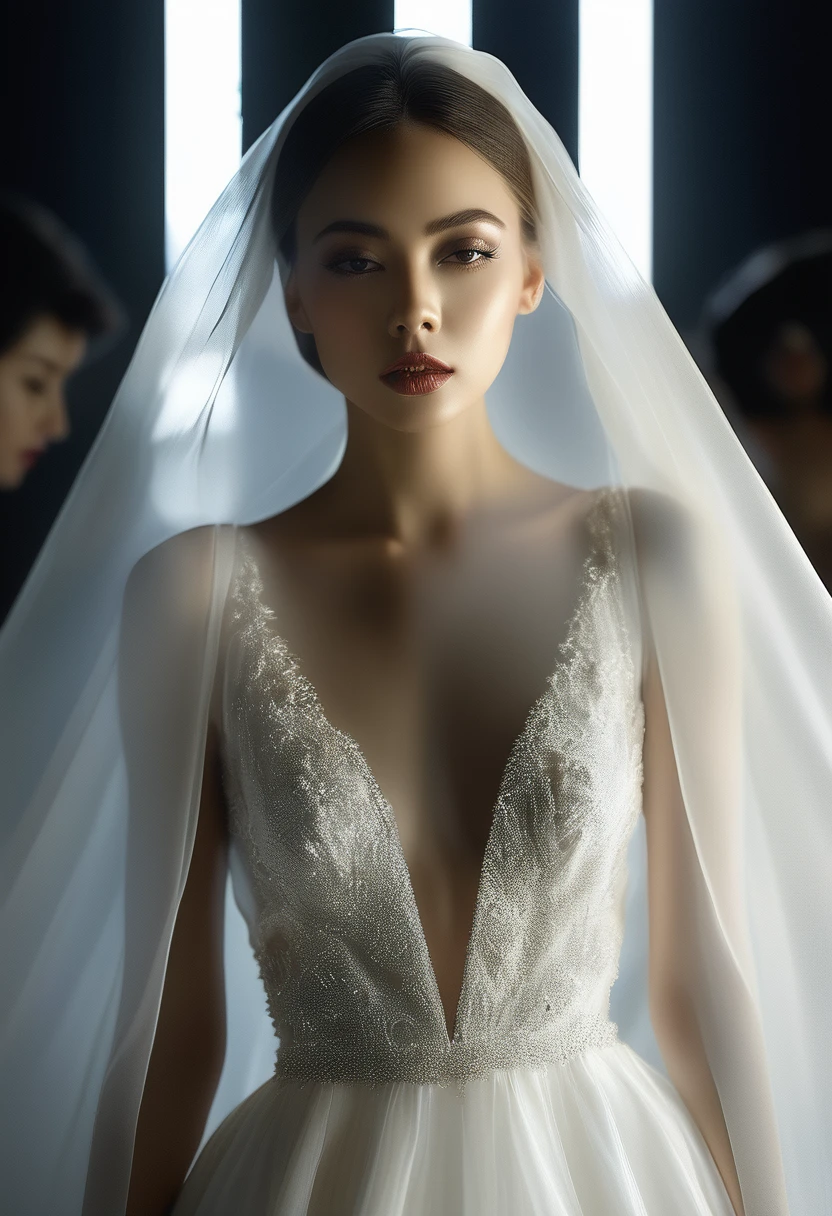 a beautiful female model, long white sheer dress, backlit, dramatic dark background, high fashion, Mikhail Kats style, (best quality,4k,8k,highres,masterpiece:1.2),ultra-detailed,(realistic,photorealistic,photo-realistic:1.37),detailed eyes,detailed lips,long eyelashes,natural lighting,chiaroscuro lighting,dramatic shadows,moody,cinematic,elegant,sophisticated,glamorous