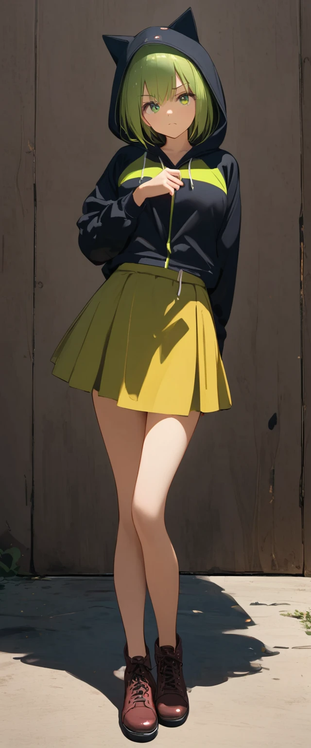 girl, burgundy short hair, lime green eyes, droopy eyes,slender body,small breasts,black hooded jacket,yellow green blouse,burgundy skirt,standing,facing viewer,contrapposto,full body,
frown