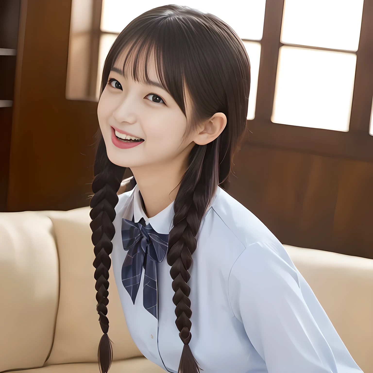 (highest quality, masterpiece:1.2), highest quality, High resolution, 1080P, 8K, Height: 158cm, ((A very intelligent, very noble, pretty and neat Japanese beautiful girl fashion model. Looking at the audience. Realistic fashion model)), ((((White face with plump cheeks)))), Glossy lips, (Evenly cut bangs), ((Very beautiful dark eyes)), The very large, shiny, wide red ribbon bow-tie on her chest is very cute., ((Black Hair)), ((long twin braids)), (((Cream colored blouse))), A neat uniform, Very lustrous, glossy lips, Open hand over open mouth, slender, Beautiful hair like a hair model, Cream colored long skirt, Watching the viewer and laughing, ((Incredibly well organized, The expression is rich. plump and beautiful skin and face)), ((Pure and clear eyes)), Long eyelashes, ((laughing at me!))