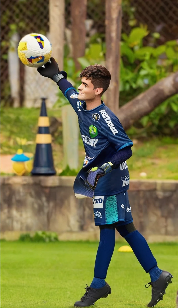 create a Disney pixar goalkeeper character holding a ball 