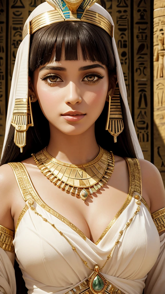 a close up of a young woman in a white dress and gold jewelry, beautiful cleopatra, egyptian princess, wearing an egyptian crown, cleopatra, egyptian clothes, egyptian clothing, beautiful goddess, cleopatra portrait, ancient egyptian, egyptian, ancient libu princess, ancient goddess, cleopatra in her palace, egyptian style, pharaoh clothes