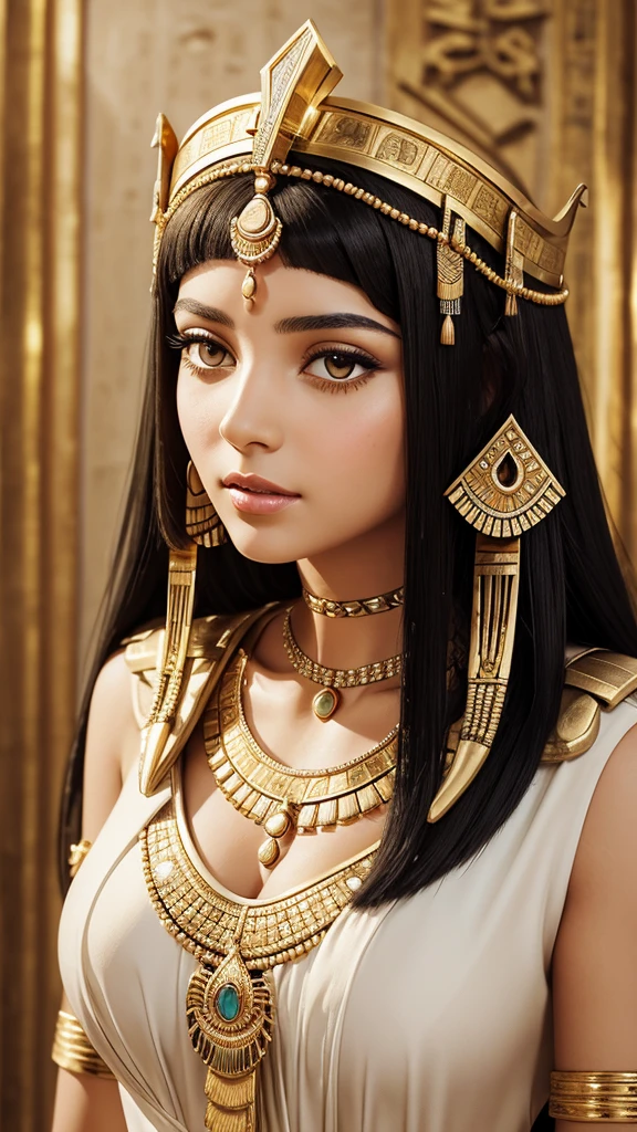a close up of a young woman in a white dress and gold jewelry, beautiful , egyptian princess, wearing an egyptian crown, , egyptian clothes, egyptian clothing, beautiful goddess,  portrait, ancient egyptian, egyptian, ancient libu princess, ancient goddess,  in her palace, egyptian style, pharaoh clothes