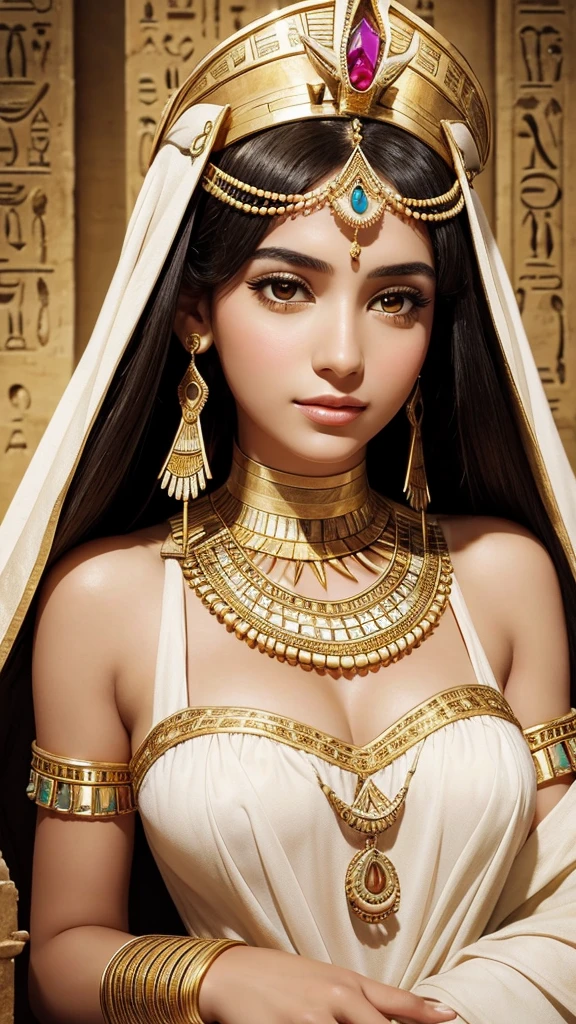 a close up of a young woman in a white dress and gold jewelry, beautiful cleopatra, egyptian princess, wearing an egyptian crown, cleopatra, egyptian clothes, egyptian clothing, beautiful goddess, cleopatra portrait, ancient egyptian, egyptian, ancient libu princess, ancient goddess, cleopatra in her palace, egyptian style, pharaoh clothes