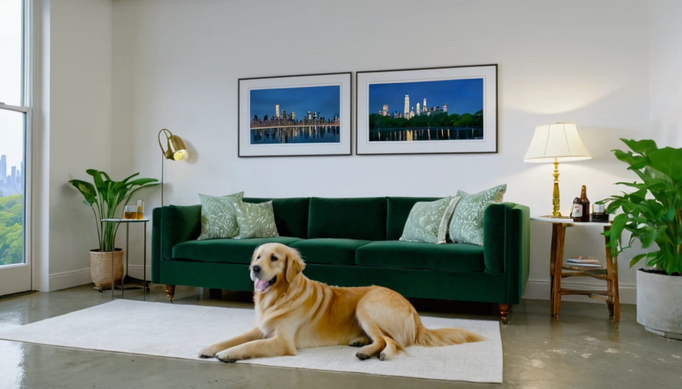 Describe a serene evening scene in a city street, featuring a scenic view of Central Park in the background. The scene takes place in a cozy living room of an upscale apartment, with a golden Retriever dog present. The room has white walls, concrete flooring, and a table with a beer on it. On the wall, there's a poster of the ocean. The room is furnished with a white cushion, a deep green sofa, and some ornamental plants. There's also a sconce lighting fixture. Create a highly detailed description, equivalent to a 16K image resolution, with a beautiful and serene atmosphere.