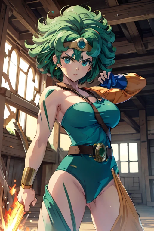 anime artwork anime artwork masterpiece,best quality, unreal engine, ultra res, extremely detailed
ROUND , medium BREASTS waist, slender,(muscular:0.9)
HEROINE,
CIRCURLY HAIR, GREEN HAIR, SHORT HAIR, ASYMMETRICAL CLOTHES, LEOTARD, BELT, SINGLE GLOVE, SINGLE SLEEVE, SINGLE THIGHHIGH
cave, holding sword, . anime style, key visual, vibrant, studio anime, highly detailed.be enveloped in flames.fall on one's knees.Leotard is worn out.She can barely stand and supports herself with a sword.be on the verge of death.There are scratches all over my body.have a broken sword.get a punch in the stomach.be under the spell of fire.