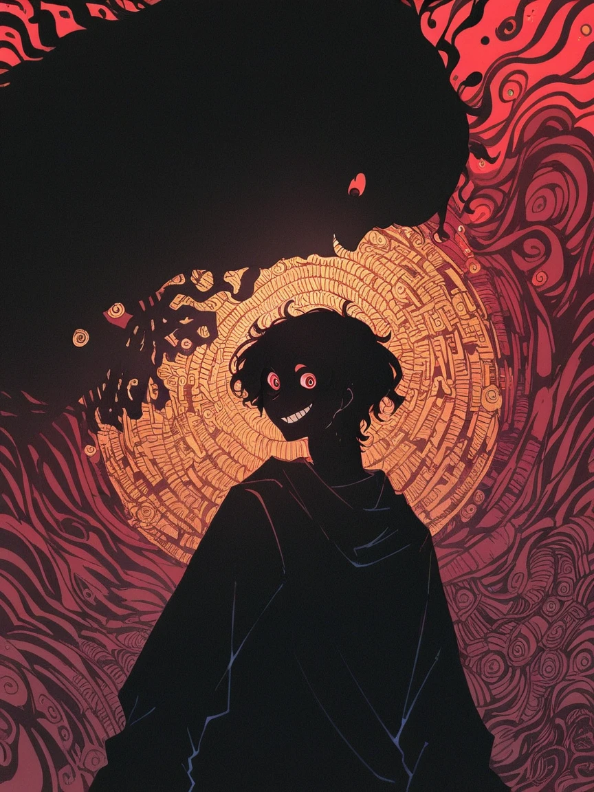 score_9, score_8_up, score_7_up, score_6_up, score_5_up, score_4_up, f3nn3r, 1boy, back to viewer, golden ratio, silhouette, looking at viewer, crazy smile, curled fingers, colourful, pink, blue, black, red, trippy