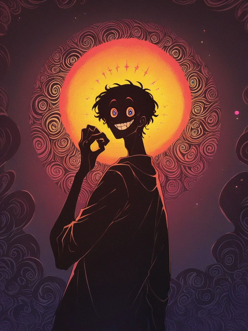 score_9, score_8_up, score_7_up, score_6_up, score_5_up, score_4_up, f3nn3r, 1boy, back to viewer, golden ratio, silhouette, looking at viewer, crazy smile, curled fingers, colourful, pink, blue, black, red, trippy