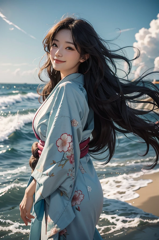 A beautiful woman wearing a wavy kimono is smiling on the beach under the summer sky, her hair blown by the wind