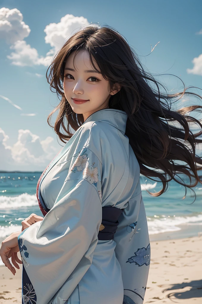 A beautiful woman wearing a wavy kimono is smiling on the beach under the summer sky, her hair blown by the wind