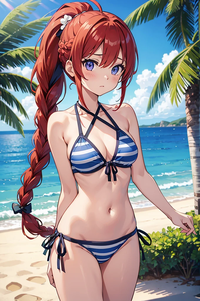 an anime girl is seen in the video of her showing her chest, 1girl, outdoors, swimsuit, solo, bikini, braid, striped bikini, striped, day, string bikini, breasts, navel, side-tie bikini bottom, red hair, purple eyes, stomach, looking at viewer, beach, medium breasts, sky, cloud, hair ornament, cowboy shot, palm tree, tree, ahoge, halterneck, bare shoulders, ocean, very long hair, sunlight,meakurosaki, red hair, blue eyes, braid, braided ponytail, short hair with long locks, ahoge