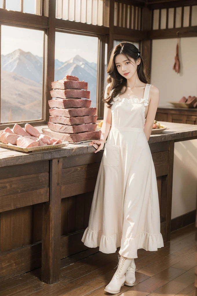 ```plaintext
(((best quality))),(((ultra detailed))),(((masterpiece))),illustration, 1girl, domestic worker,solo,slim,thin,small breasts,flat chest,frilly white apron, plain dress, delicate white ribbon, radiant face, hint of smile,slender legs,boots,standing,arms behind back,full body, gentle and innocent nature, warehouse, (mountains of fresh pork:1.5), (neatly stacked meat:1.5), stark white walls, contrasting red and pink hues, Calm and composure, sense of warmth and humanity, natural lighting, sunlight, silhouette, delicate frame, graceful posture, unique and intriguing moment, resilience and adaptability of the human spirit