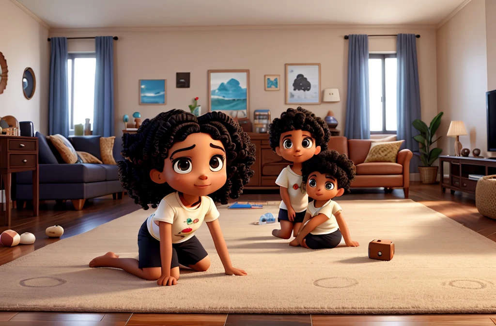 A with curly black hair and big eyes in a living room playing on a rug with children's toys with her little brother.