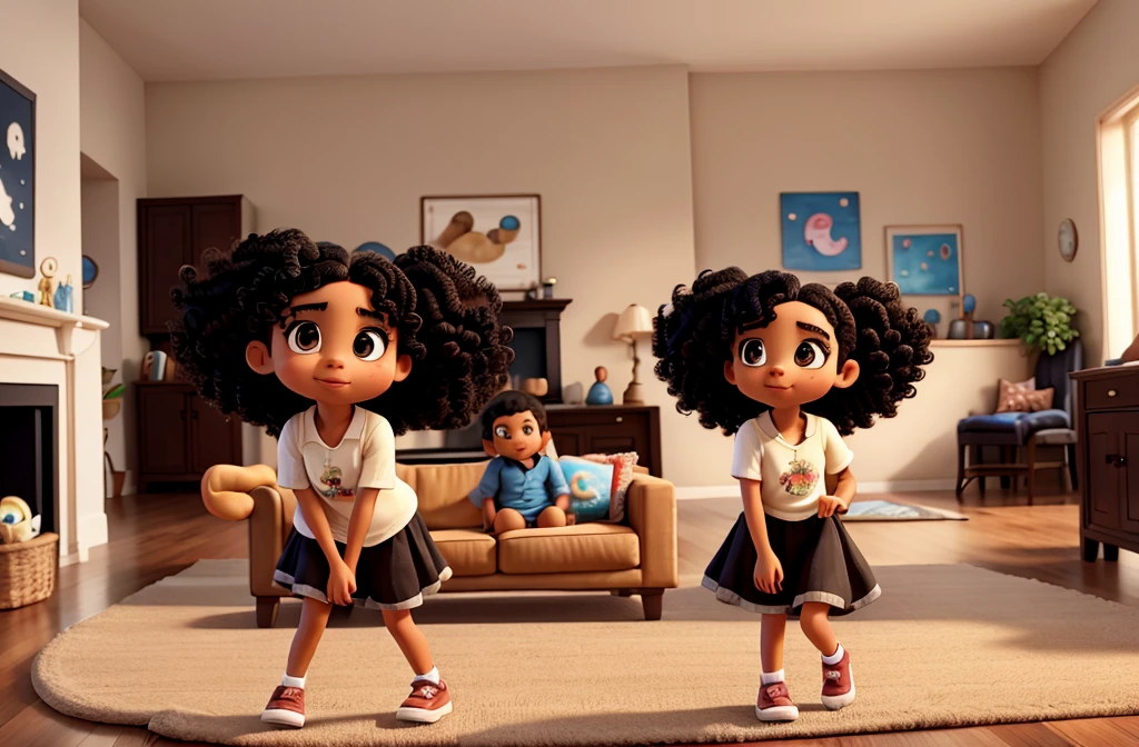 A  with curly black hair and big eyes in a living room playing on a rug with children&#39;s toys with her little brother. 