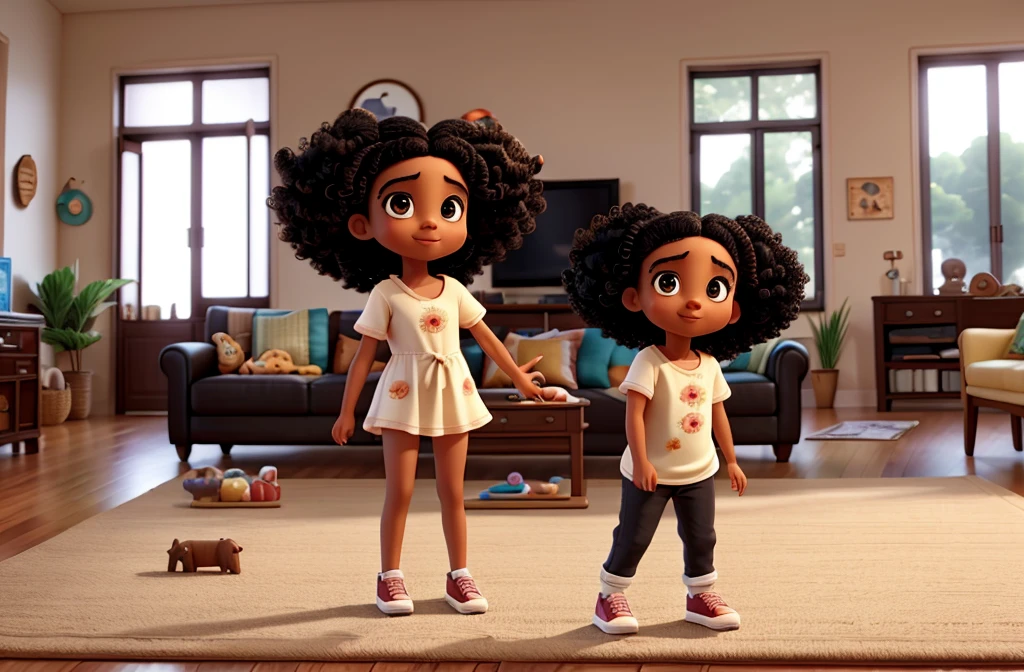 A with curly black hair and big eyes in a living room playing on a rug with children's toys with her little brother.