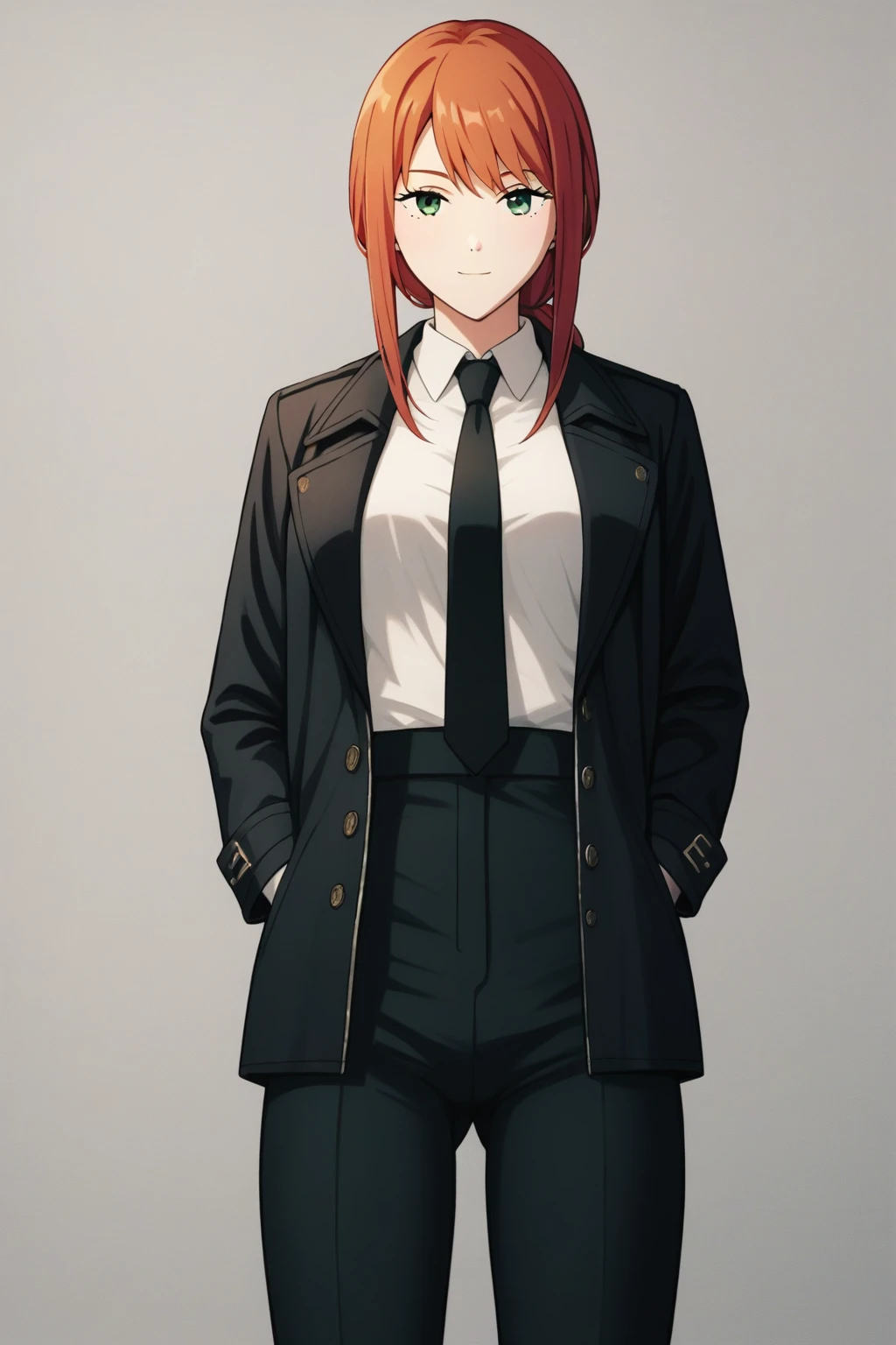 1 growing girl, 最high quality, masterpiece, Super detailed, high quality,good quality,1 Girl,(masterpiece,High resolution, Super detailed,8K,16K),1 girl looking at viewer,Mac1Ma0,Redhead,Long Hair,The eyes are round,Black jacket,White collared shirt,Black tie,Black trousers,score_9, score_8_superior, score_7_superior, score_6_superior, score_5_superior, score_4_superior,