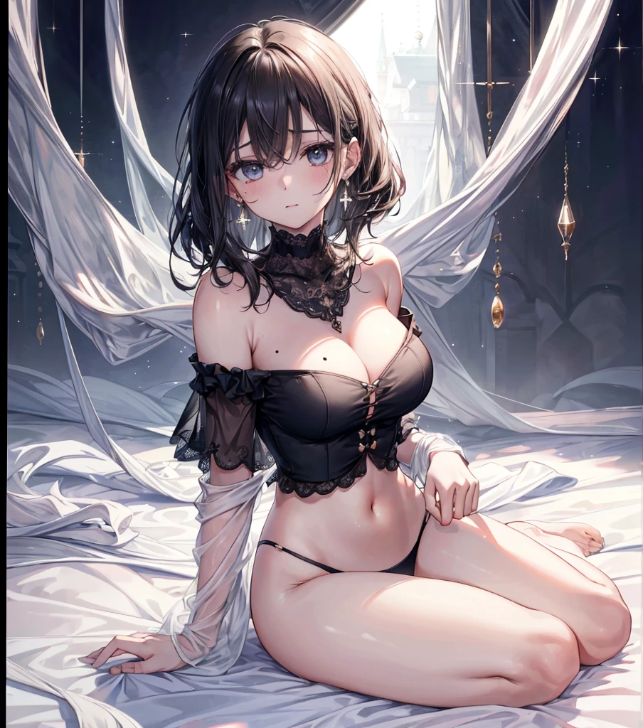 ((((absurdres, RAW photo, extremely delicate and beautiful, masterpiece, Best Quality, ultra high resolution, 32k, hyperrealistic, ultra-detailed)))), in her 20s, very Slim body, narrow waist, very small head, very small face, delicate facial features, beautiful face, beautiful eyes, ((very huge round tits)), medium hair, black hair, wavy hair, tearful mole, earring, ((full body shot)), off-the-shoulder cut top,