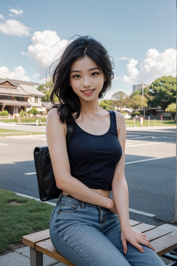 Best image quality、Ultra-high resolution、Tabletop、Photo quality(Realistic:1.8)、pores、Accuracy、Japanese women、23-year-old girl、Black-haired、cuteえくぼ、Young Face、cute、Short Bob、Slender girl、Small breasts、 Flat Chest、To the camera、Turn your body forward、Gravure Beautiful Girl、Sitting、whole body、Lawn garden、Blue Tank Top、Denim pants、White Converse、blue sky、White cloud、Light of the sun、Reflective plate、Navy blue、 Protruding、Laughing with your mouth open、White teeth、Happily、Look straight ahead、