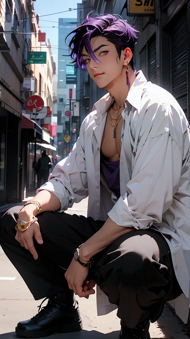 highest quality, 8K, high resolution image, anime style Jujutsu Kaisen, (Iori_suiseki), (close angle), detailed strokes, bored look , blurred, purple light reflecting from it, 1 man, young, male, model, hand in pocket, cool guy, multicolored Background with various geometric shapes, around stickers, muscular,Black hair, purple eyes, multicolored hair, purple hair, hair between eyes, highlighted hair ,swollen chest, naked torso, He wears an unbuttoned shirt, sweatpants and black boots, shirt, unbuttoned shirt, gold link necklace, sweatpants, boots Background: Big city, street, club, lighting, blue sky