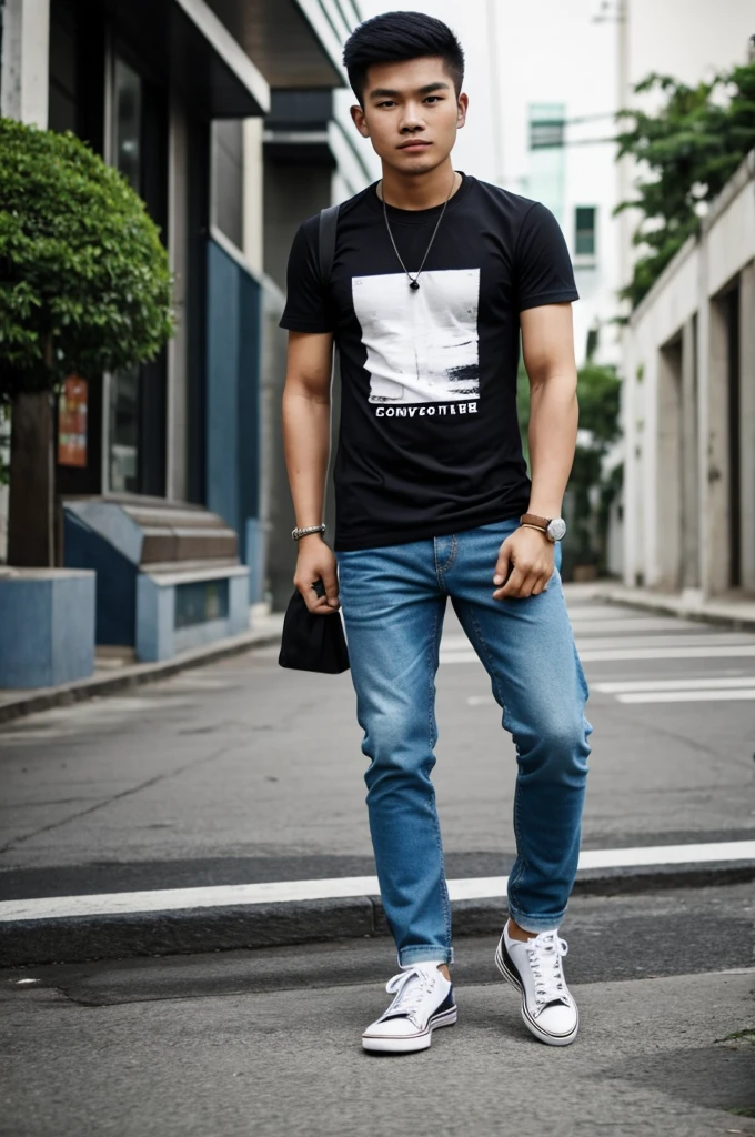 A young Thai man wears a t-shirt and jeans and Converse shoes.