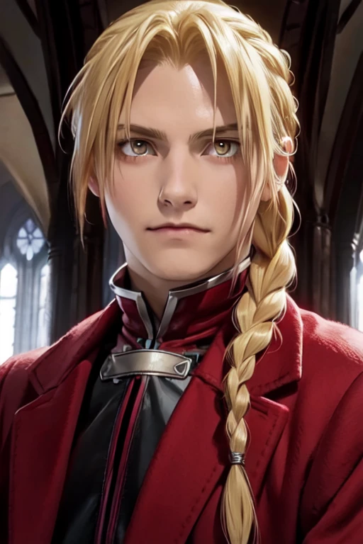 masterpiece, best quality, wallpaper, 1boy, solo, male focus, looking at viewer, realistic, [[edward_elric|blonde ikemen]:edward_elric:16]blonde hair, yellow eyes, braid, single braid, braided ponytail, single mechanical arm, 32k resolution, (upper body:1.5), black clothes, red coat
BREAK
edward_elric 