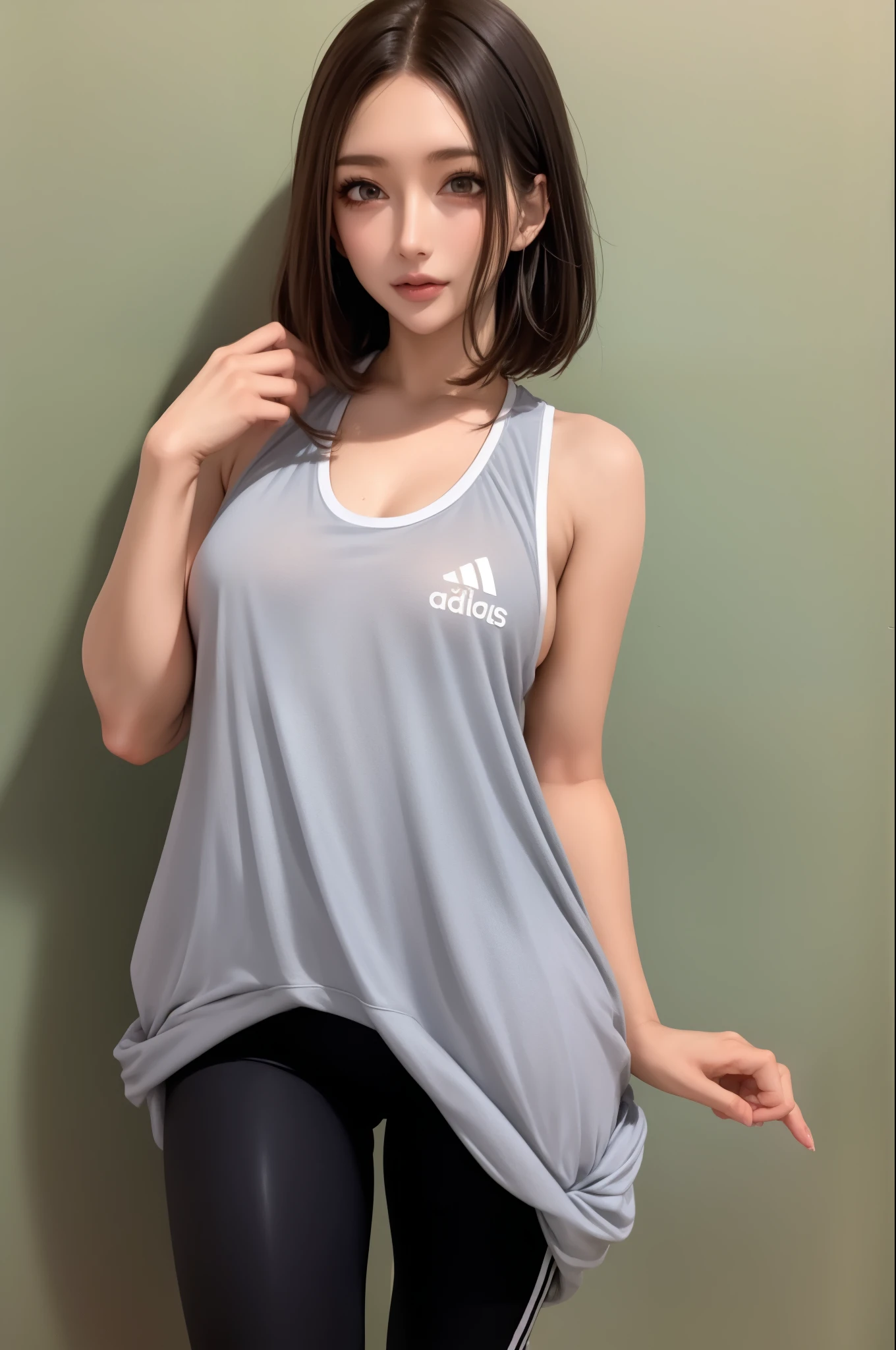 1girl, yoga pants, tank top, oversized clothes, adidas, cowboy shot,, masterpiece, best quality, highly detailed