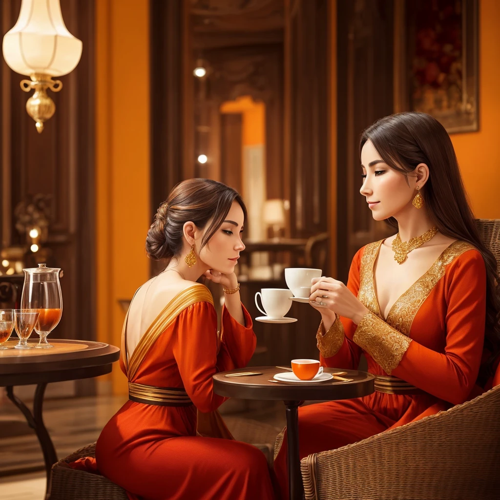 Woman having a cup of coffee in a very elegant place maintaining colors like red, Orange, gray and gold. Please put the LUVOCO brand.the 