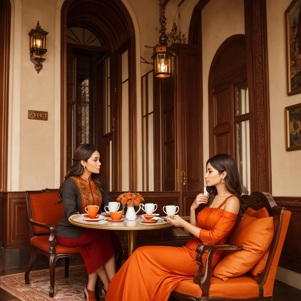 Woman having a cup of coffee in a very elegant place maintaining colors like red, Orange, gray and gold. Please put the LUVOCO brand.the 