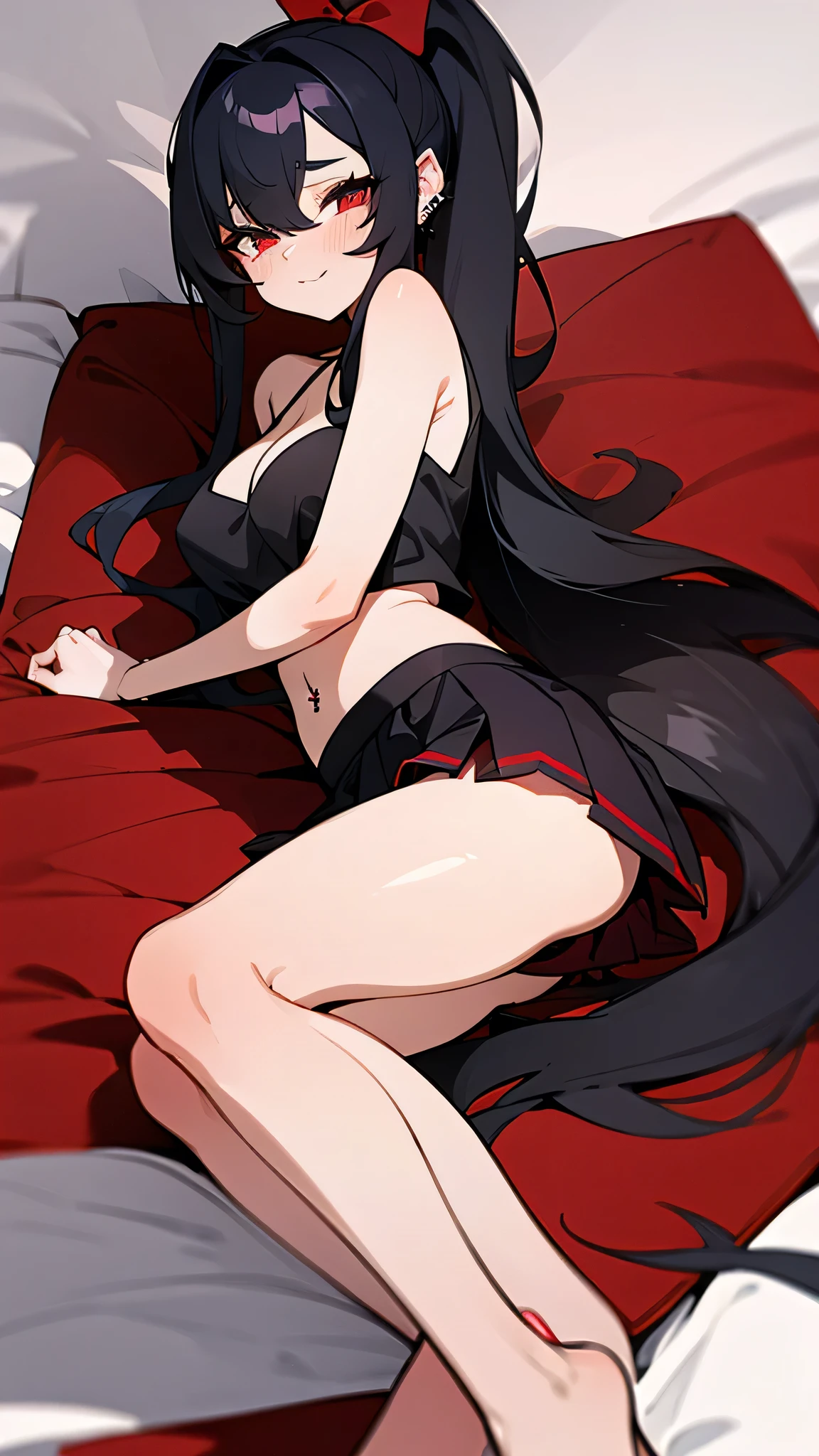 wavy black hair, piercing look with deep red eyes, average stature, Silky hair with a ponytail hairstyle collected with a red bow with two white lines., lying in her bed ,unclothed , has a ??????, has ???????,????, poses perverteds, ??????? look, perverted, wearing a top, wearing a mini skirt, you can see her ????????? under her skirt, showing my ??? to the camera, transparent lingerie panties 
