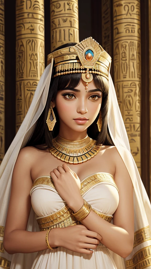 a close up of a woman in a white dress and gold jewelry, beautiful cleopatra, egyptian princess, wearing an egyptian crown, cleopatra, egyptian clothes, egyptian clothing, beautiful goddess, cleopatra portrait, ancient egyptian, egyptian, ancient libu princess, ancient goddess, cleopatra in her palace, egyptian style, pharaoh clothes