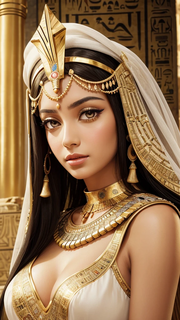 a close up of a woman in a white dress and gold jewelry, beautiful cleopatra, egyptian princess, wearing an egyptian crown, cleopatra, egyptian clothes, egyptian clothing, beautiful goddess, cleopatra portrait, ancient egyptian, egyptian, ancient libu princess, ancient goddess, cleopatra in her palace, egyptian style, pharaoh clothes