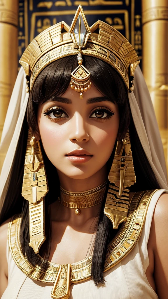 a close up of a woman in a white dress and gold jewelry, beautiful cleopatra, egyptian princess, wearing an egyptian crown, cleopatra, egyptian clothes, egyptian clothing, beautiful goddess, cleopatra portrait, ancient egyptian, egyptian, ancient libu princess, ancient goddess, cleopatra in her palace, egyptian style, pharaoh clothes