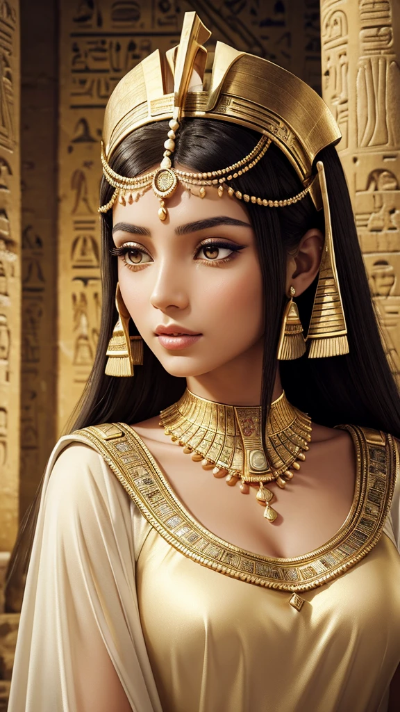 a close up of a woman in a white dress and gold jewelry, beautiful cleopatra, egyptian princess, wearing an egyptian crown, cleopatra, egyptian clothes, egyptian clothing, beautiful goddess, cleopatra portrait, ancient egyptian, egyptian, ancient libu princess, ancient goddess, cleopatra in her palace, egyptian style, pharaoh clothes