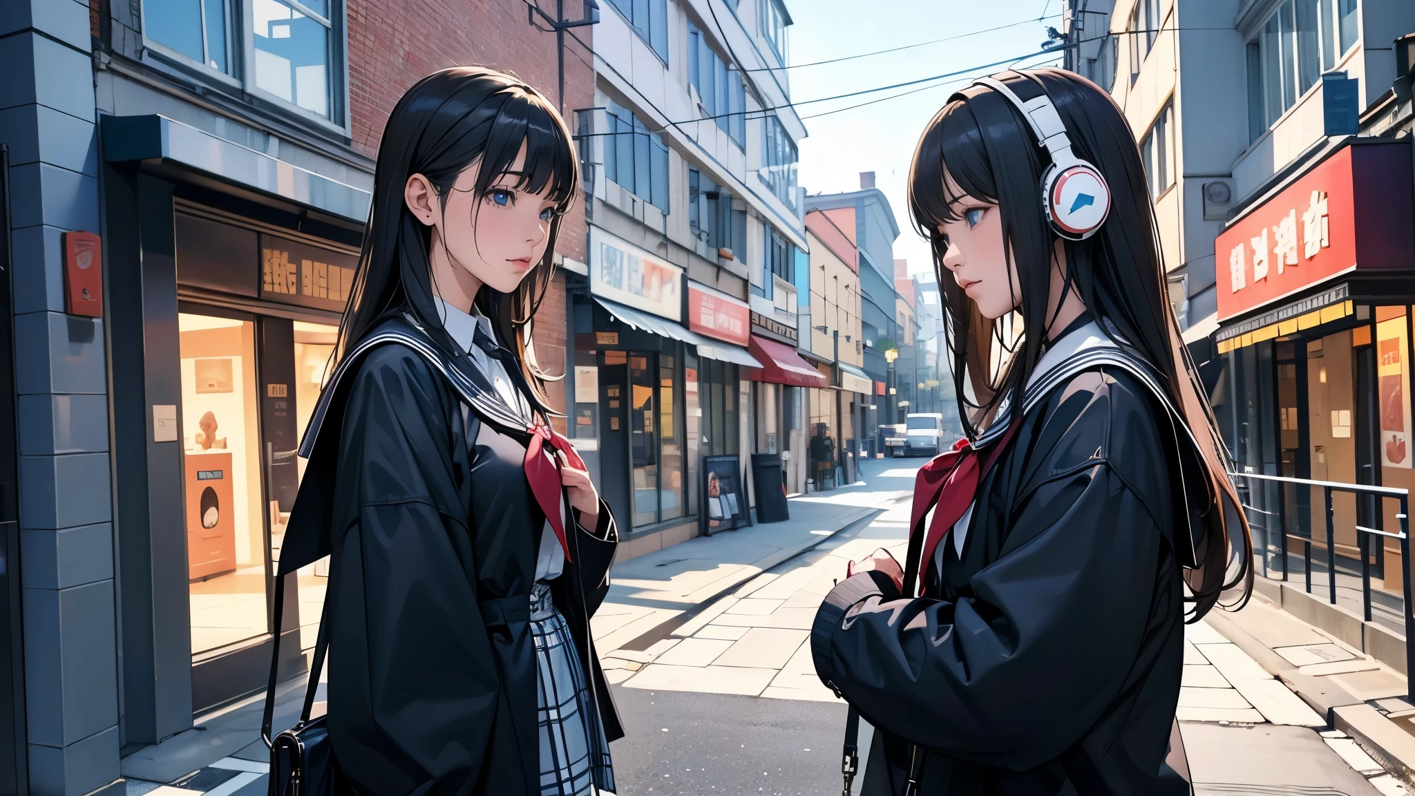 Ultra HD、super high quality、masterpiece、detailed、8K、The location is on a quiet city street、Schoolgirl1Person listening to music on headphones、15-year-old high school girl、そのロシア人で髪の毛は黒色のロング、Has blue eyes、Has a glamorous figure、The clothes she's wearing are one-piece dresses.、Pretty sexy、Lo-Fi images,The background is blurred、Nostalgic and relaxing atmosphere、At dusk、Afternoon sun、Holding an umbrella、Rainy season、downpour、A business district lined with glittering neon buildings