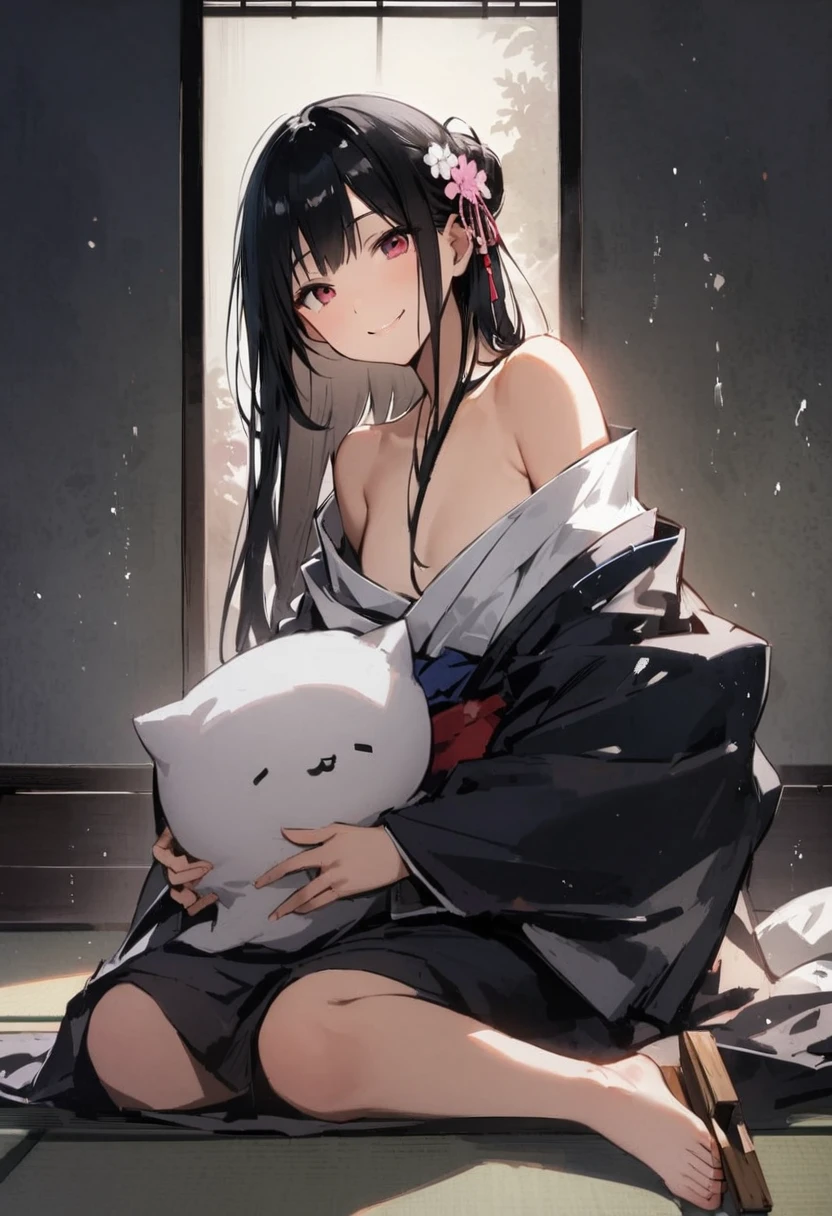 head shot、Showing her 、Zashiki-warashi、Apparition、ghost、pillow、Run、Japanese style、Shoji screen、tatami、ghost屋敷、darkness、Late Night、kimono、Bob、Girl、Girl、Younger、Baby Face、flat chest、Black Long Hair、Dynamic Angle、smile、Eyes open、ball、Flower Hair Ornaments、Geta or bare feet