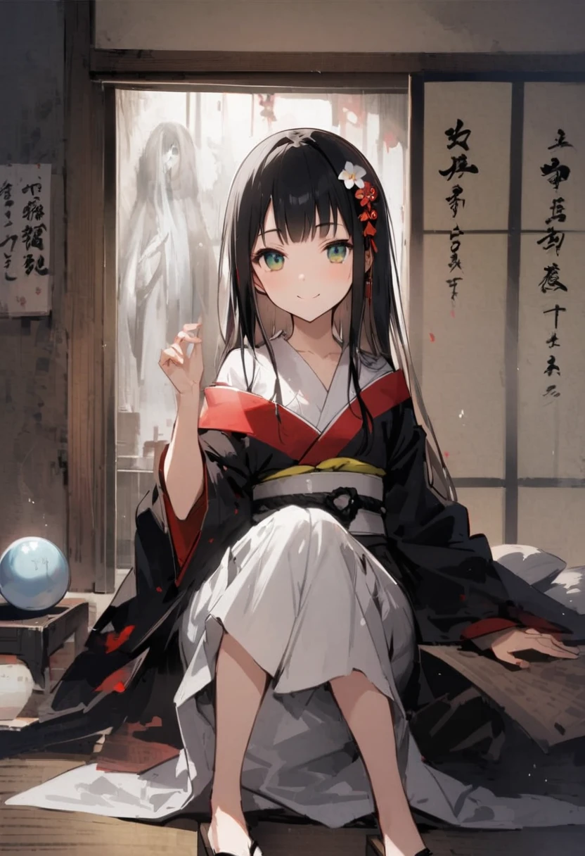 head shot、Showing her 、Zashiki-warashi、Apparition、ghost、pillow、Run、Japanese style、Shoji screen、tatami、ghost屋敷、darkness、Late Night、kimono、Bob、Girl、Girl、Younger、Baby Face、flat chest、Black Long Hair、Dynamic Angle、smile、Eyes open、ball、Flower Hair Ornaments、Geta or bare feet
