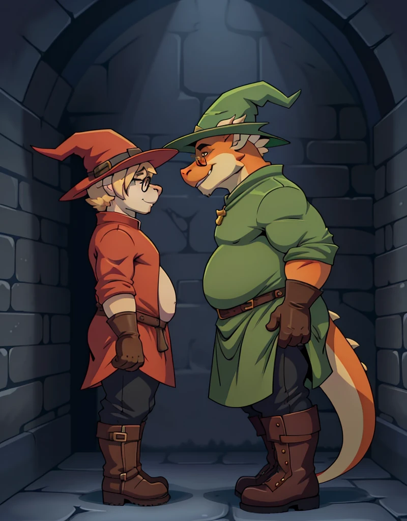 A male chubby anthropomorphic orange dragon , a sleavless tunic, glasses, black pants, gloves, boots, and a wizard hat, in a dungeon, side view,