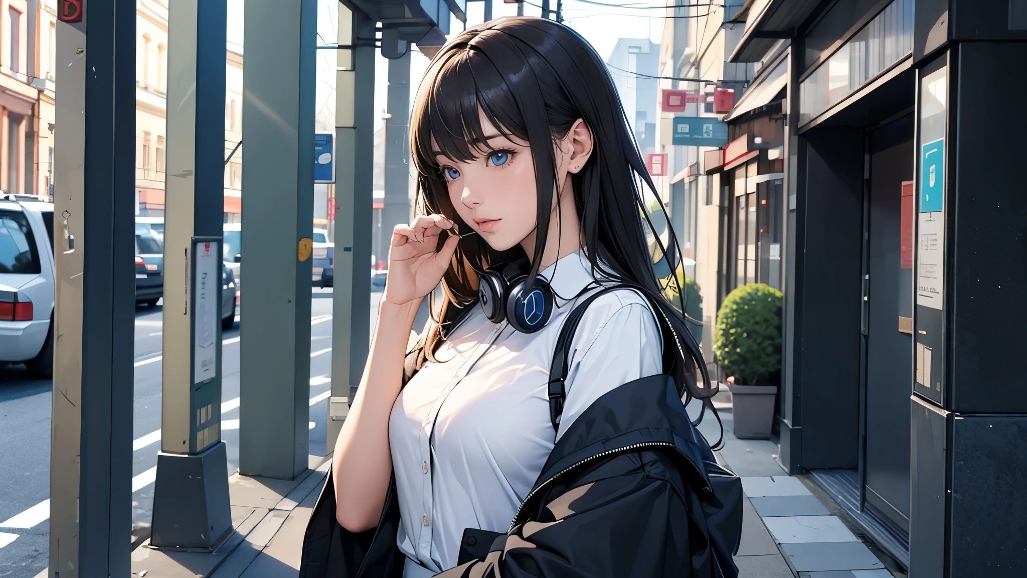 Ultra HD、super high quality、masterpiece、detailed、8K、The location is on a quiet city street、Schoolgirl１Person listening to music on headphones、15-year-old high school girl、そのロシア人で髪の毛は黒色のロング、Has blue eyes、Has a glamorous figure、The clothes she&#39;s wearing are one-piece dresses.、Pretty sexy、Lo-Fi images,The background is blurred、Nostalgic and relaxing atmosphere、At dusk、Afternoon sun、Holding an umbrella、Rainy season、downpour、A business district lined with glittering neon buildings