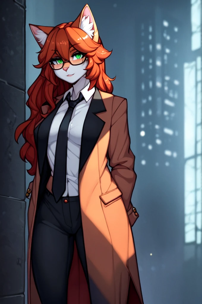 Solo:1.2, by claweddrip, by hyattlen, by jay naylor, an anthro female orange tabby cat, long deep red hair, glasses, green eyes, tabby cat tail, orange cat ears, pink nose, wearing fedora, long trench coat, button up shirt and tie, hands in pockets, dress pants, looking to her side, dramatic pose, standing in a dark foggy city, detailed eyes,
