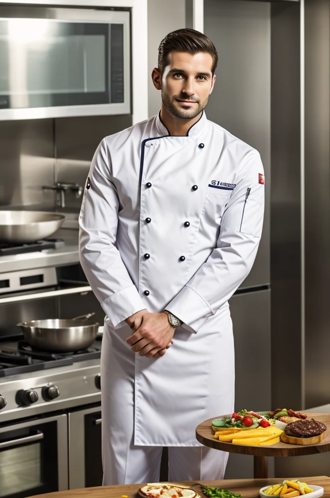 Handsome 30 year old man in a tight chef suit